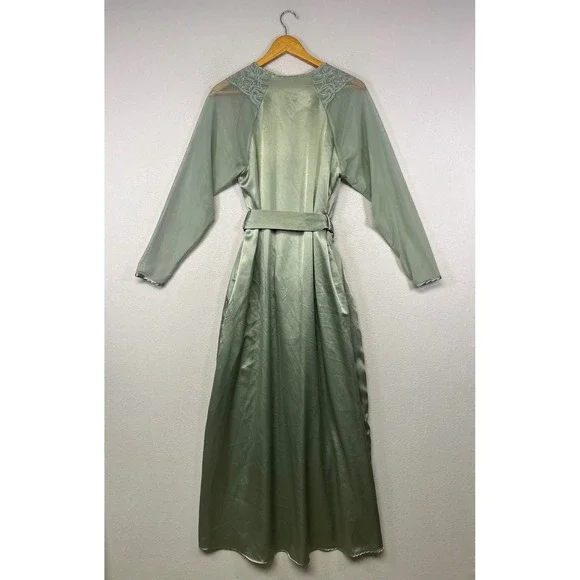 Vintage Regencycore Scaasi Womens Petite Sage Green Satin Lace Wrap Robe Pockets - Picture 2 of 10